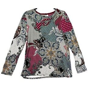 Chicos Shirt Women's 1 Medium Colorful Paisley Long Sleeve Crew Neck Casual Top